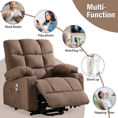 Linen Power Lift Recliner Chair with Massage and Heat, Side Pockets, USB Charge Ports
