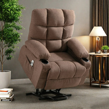 Linen Power Lift Recliner Chair with Massage and Heat, Side Pockets, USB Charge Ports