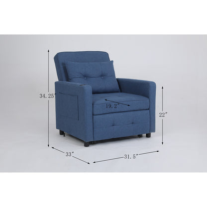 Linen Recliner Chair Pull Out Sleeper Bed Folding Lounge Chair Convertible Armchair with USB, Cup Holder and Side Pockets