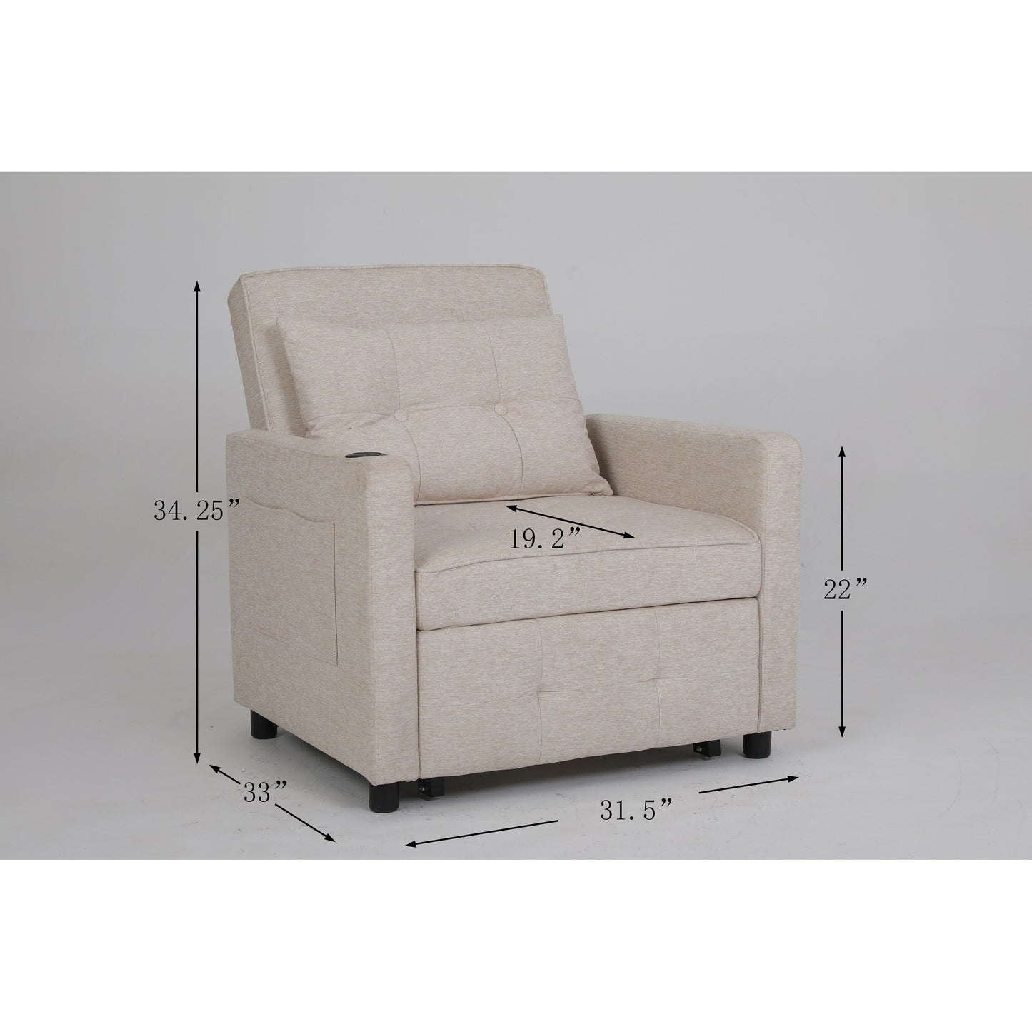 Linen Recliner Chair Pull Out Sleeper Bed Folding Lounge Chair Convertible Armchair with USB, Cup Holder and Side Pockets