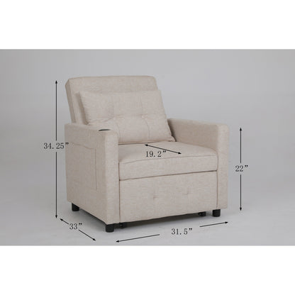 Linen Recliner Chair Pull Out Sleeper Bed Folding Lounge Chair Convertible Armchair with USB, Cup Holder and Side Pockets