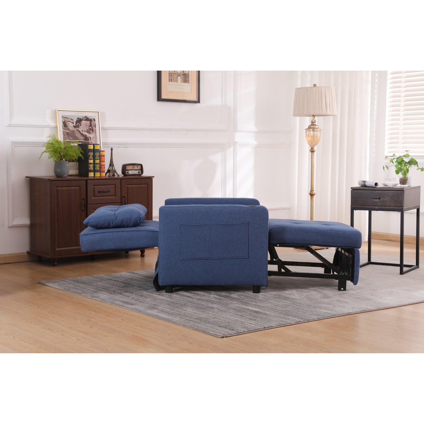 Linen Recliner Chair Pull Out Sleeper Bed Folding Lounge Chair Convertible Armchair with USB, Cup Holder and Side Pockets