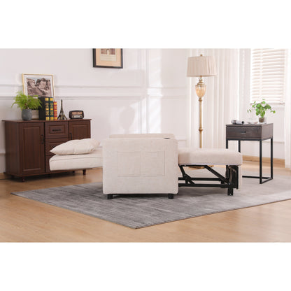 Linen Recliner Chair Pull Out Sleeper Bed Folding Lounge Chair Convertible Armchair with USB, Cup Holder and Side Pockets