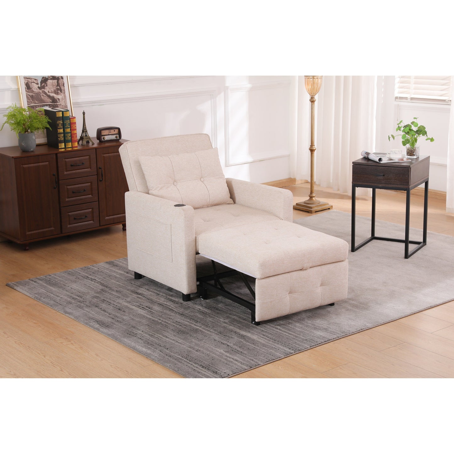 Linen Recliner Chair Pull Out Sleeper Bed Folding Lounge Chair Convertible Armchair with USB, Cup Holder and Side Pockets