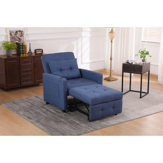 Linen Recliner Chair Pull Out Sleeper Bed Folding Lounge Chair Convertible Armchair with USB, Cup Holder and Side Pockets
