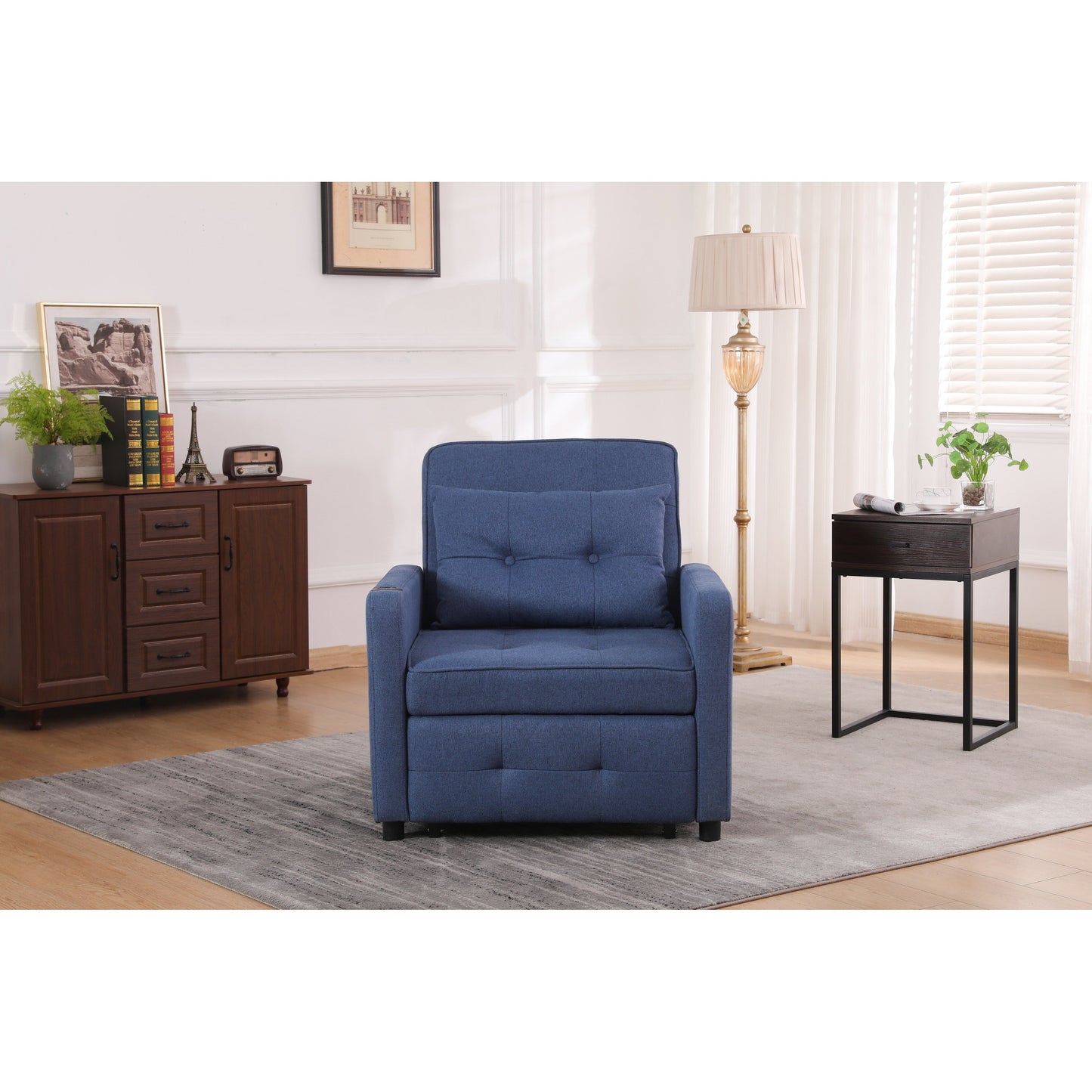 Linen Recliner Chair Pull Out Sleeper Bed Folding Lounge Chair Convertible Armchair with USB, Cup Holder and Side Pockets