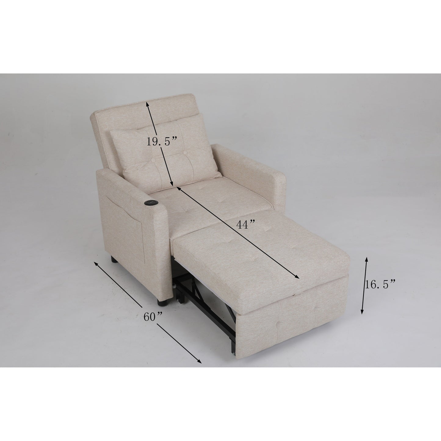 Linen Recliner Chair Pull Out Sleeper Bed Folding Lounge Chair Convertible Armchair with USB, Cup Holder and Side Pockets