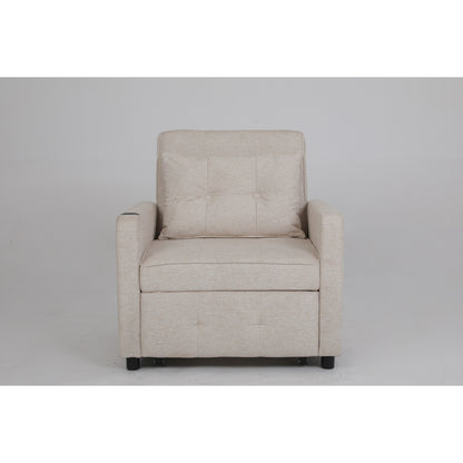 Linen Recliner Chair Pull Out Sleeper Bed Folding Lounge Chair Convertible Armchair with USB, Cup Holder and Side Pockets