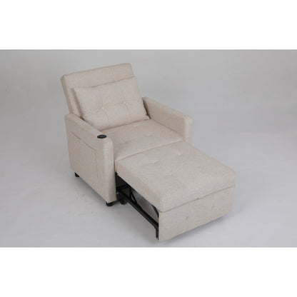 Linen Recliner Chair Pull Out Sleeper Bed Folding Lounge Chair Convertible Armchair with USB, Cup Holder and Side Pockets