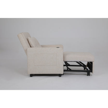 Linen Recliner Chair Pull Out Sleeper Bed Folding Lounge Chair Convertible Armchair with USB, Cup Holder and Side Pockets