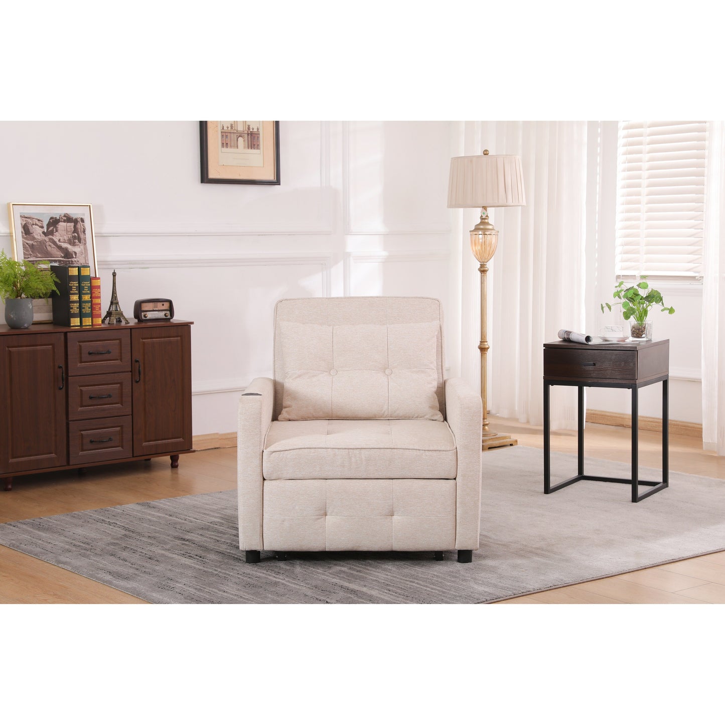 Linen Recliner Chair Pull Out Sleeper Bed Folding Lounge Chair Convertible Armchair with USB, Cup Holder and Side Pockets