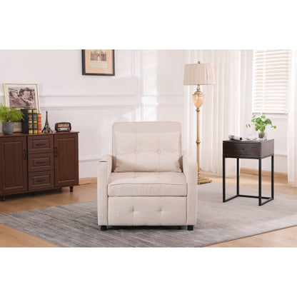Linen Recliner Chair Pull Out Sleeper Bed Folding Lounge Chair Convertible Armchair with USB, Cup Holder and Side Pockets
