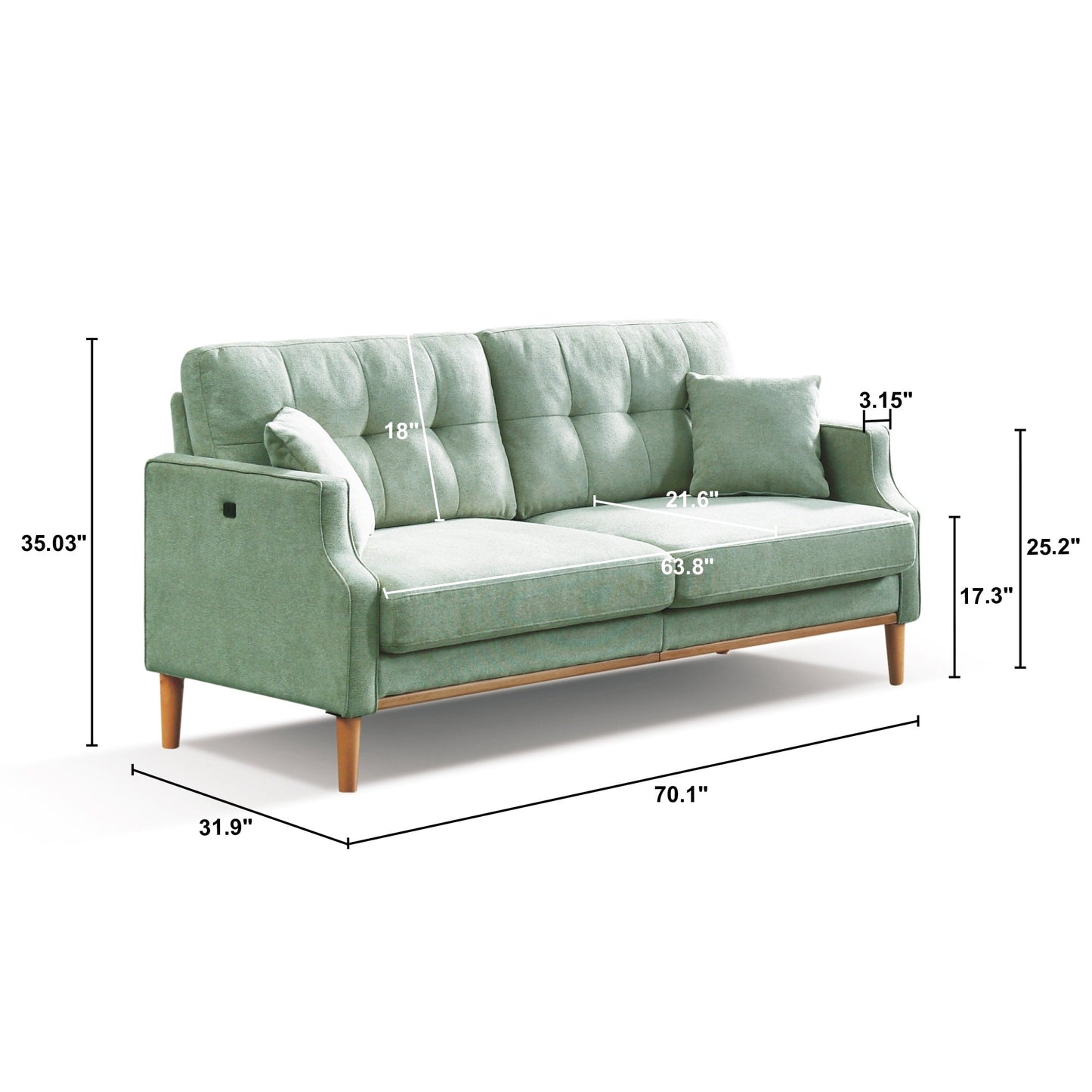 Upholstered Sofa with Waterproof Fabric and USB Port - 32.30 x 70.10 x 35.03