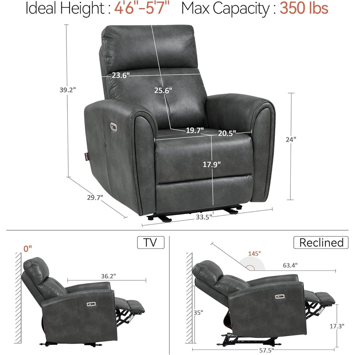 MCombo Power Small Recliners, Modern Zero Wall Hugger Recliners Chair with Lumbar Support, USB and Charging Ports, FSC Certified