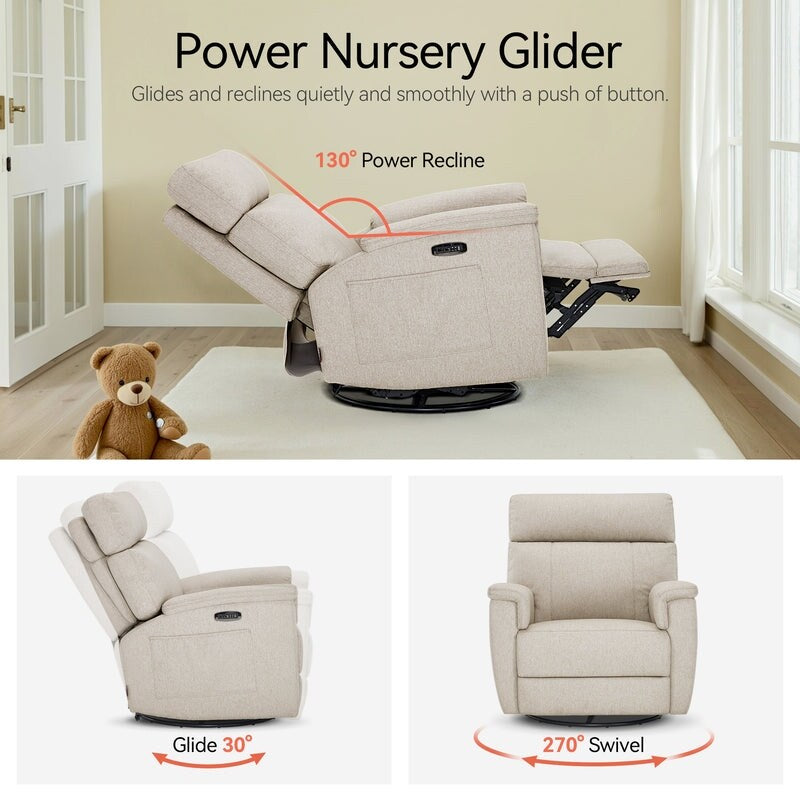 MCombo Power Swivel Glider Recliner Nursery Chair, Fabric PR601