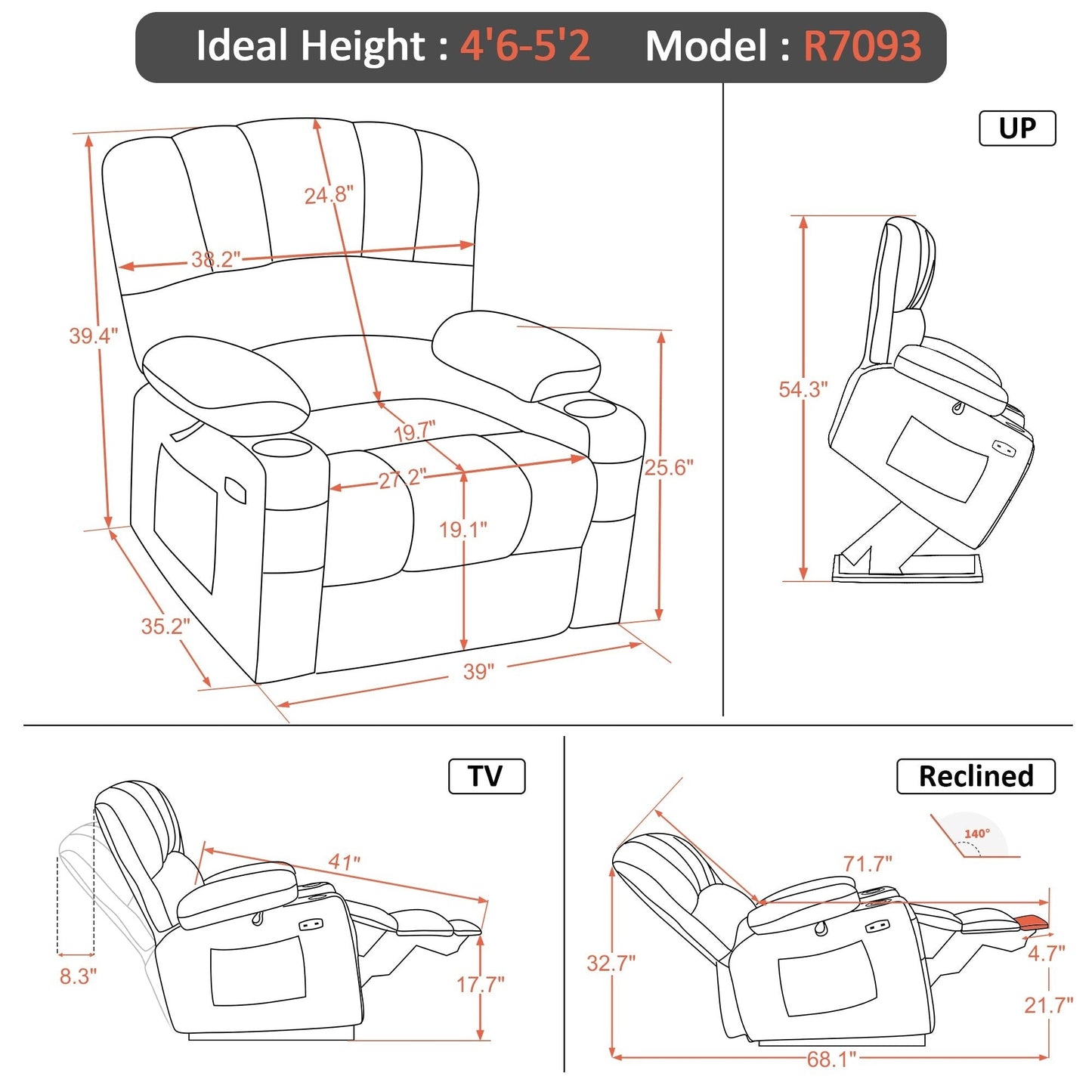 MCombo Recliner Chair Sofa with Massage and Heat for Big Elderly People,Fabric R7093(Small-Wide)