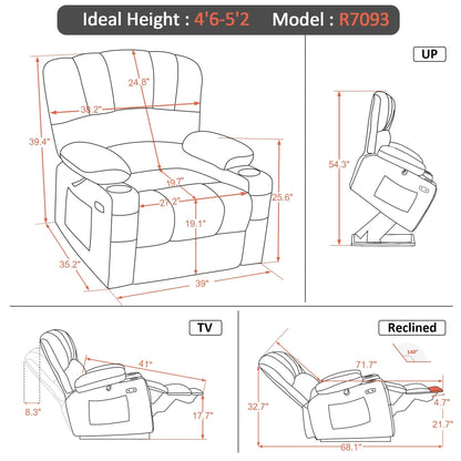 MCombo Recliner Chair Sofa with Massage and Heat for Big Elderly People,Fabric R7093(Small-Wide)
