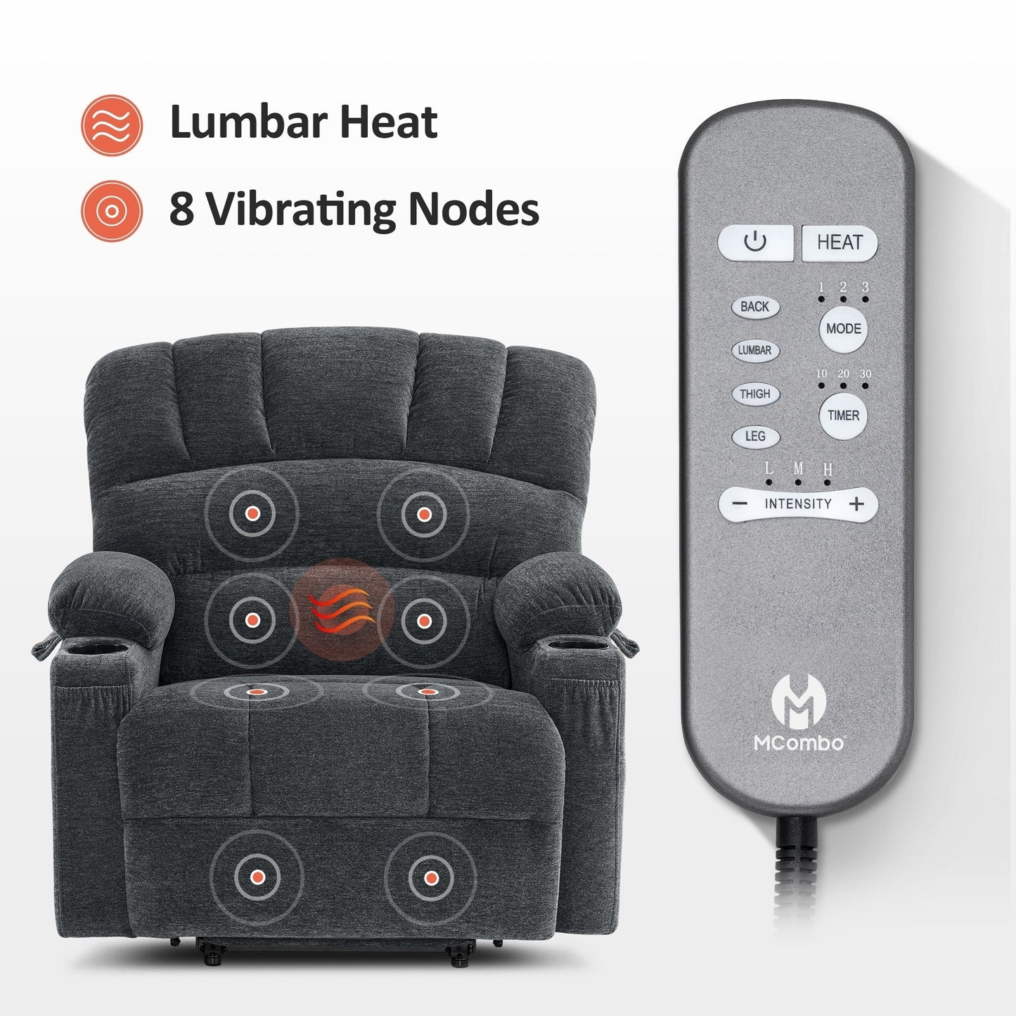 MCombo Recliner Chair Sofa with Massage and Heat for Big Elderly People,Fabric R7093(Small-Wide)