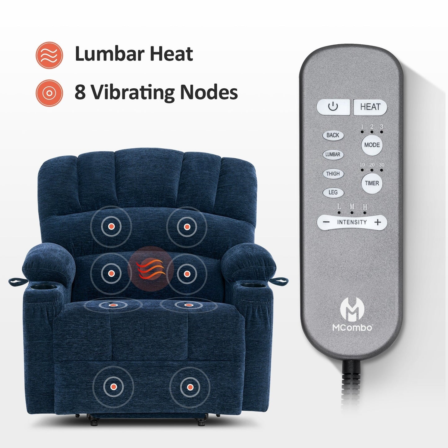 MCombo Recliner Chair Sofa with Massage and Heat for Big Elderly People,Fabric R7093(Small-Wide)