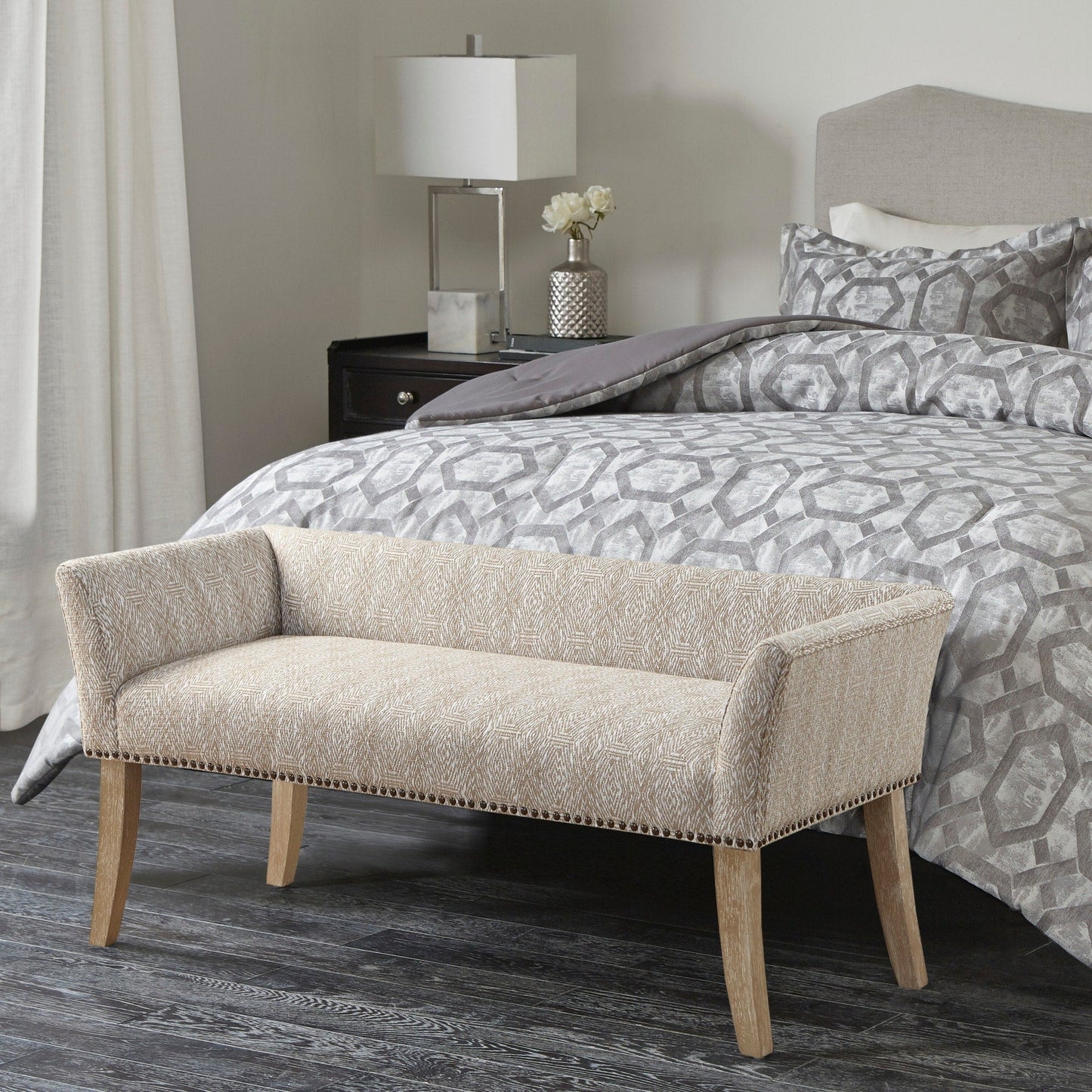 Madison Park Welburn 49.5 Upholstered Bench with Back & Wood Legs