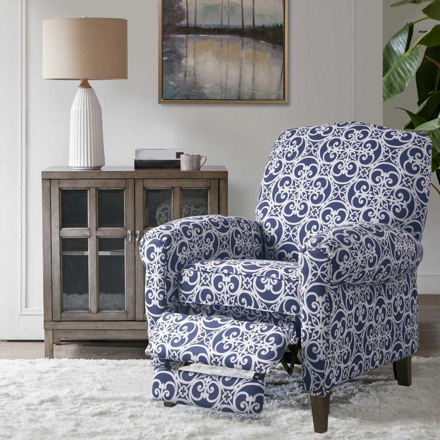 Madison Park Oscar Solid Wood Upholstered Push Back Recliner Chair with Rolled Arms