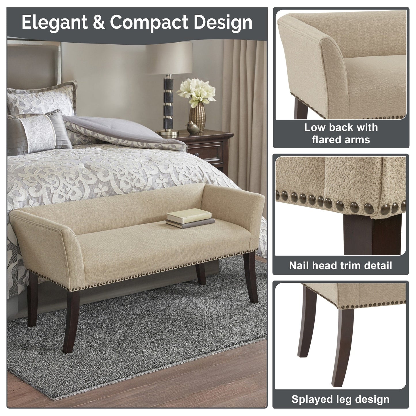 Madison Park Welburn 49.5 Upholstered Bench with Back & Wood Legs