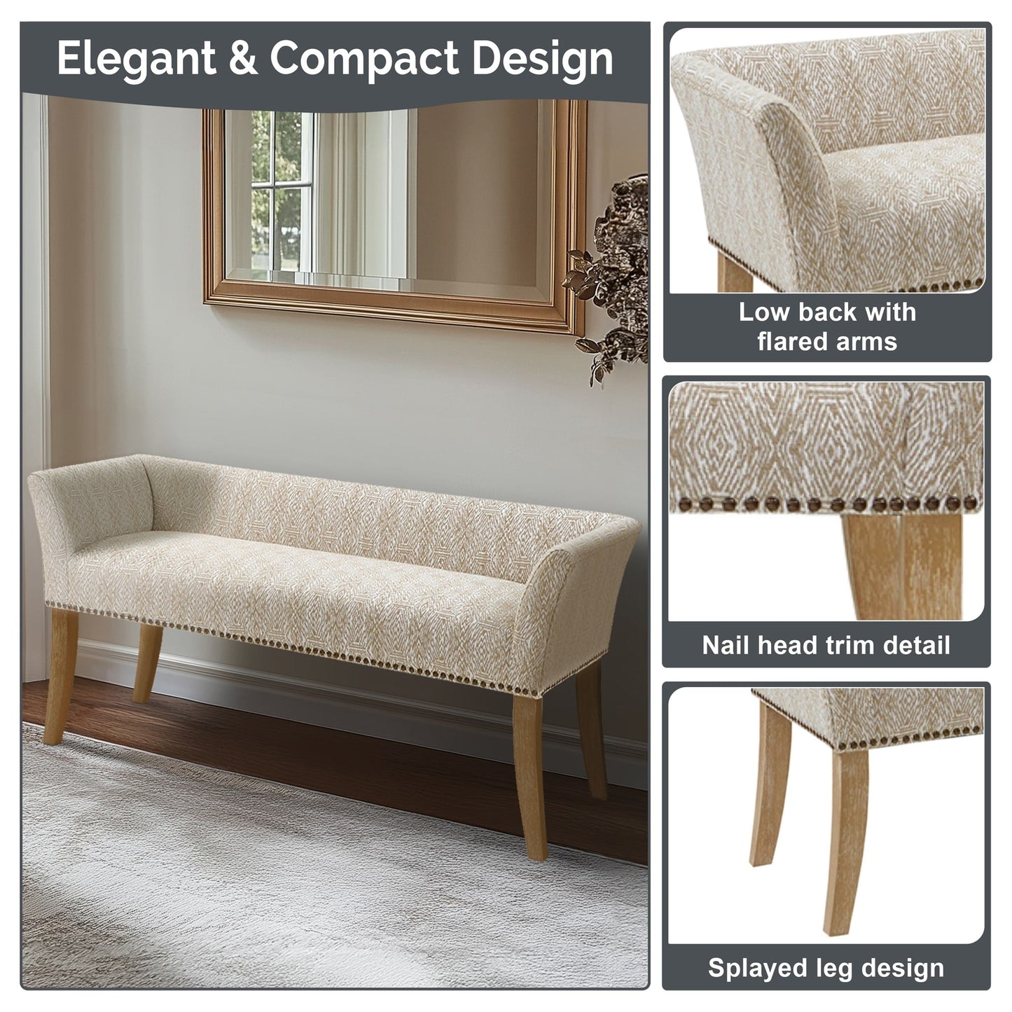 Madison Park Welburn 49.5 Upholstered Bench with Back & Wood Legs