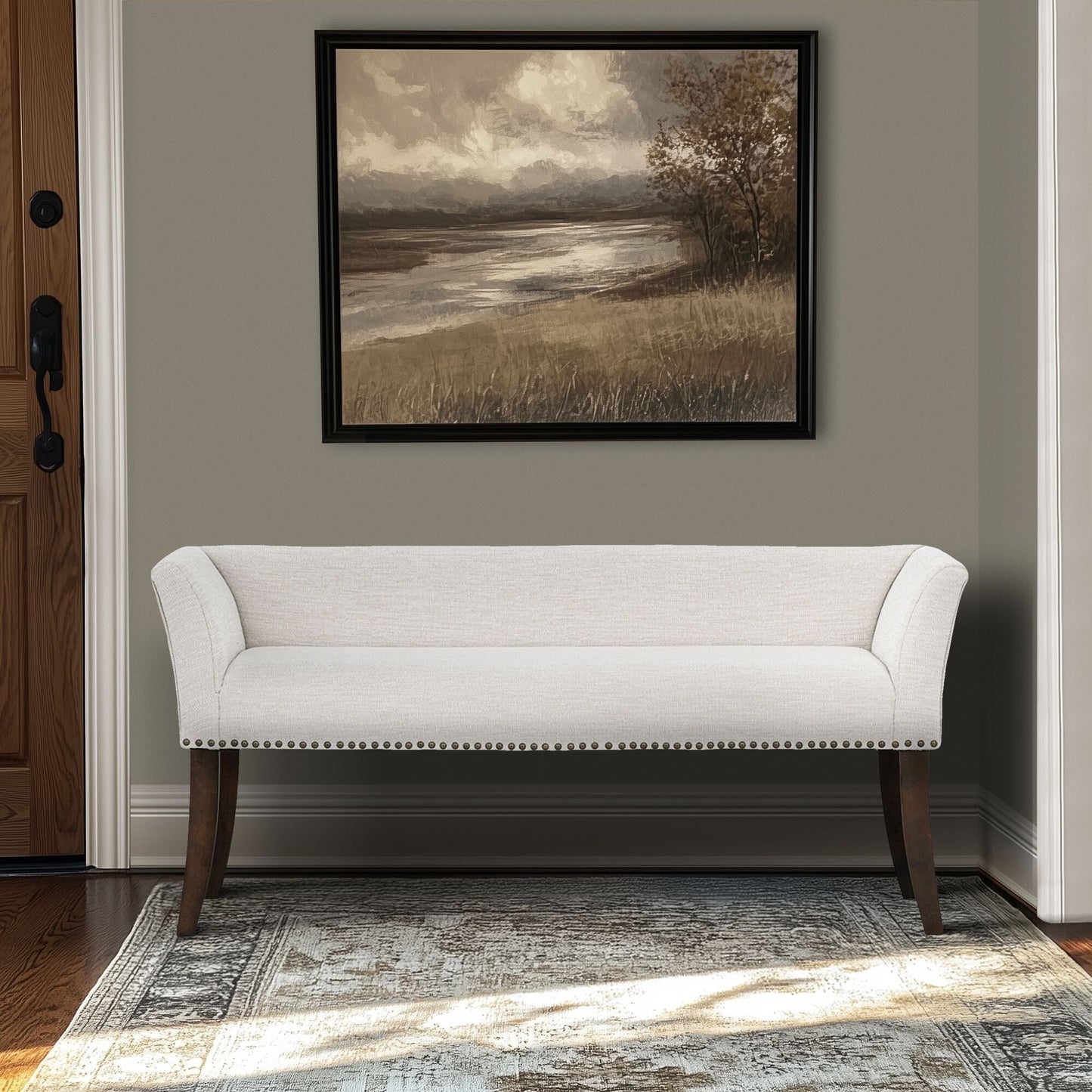 Madison Park Welburn 49.5 Upholstered Bench with Back & Wood Legs