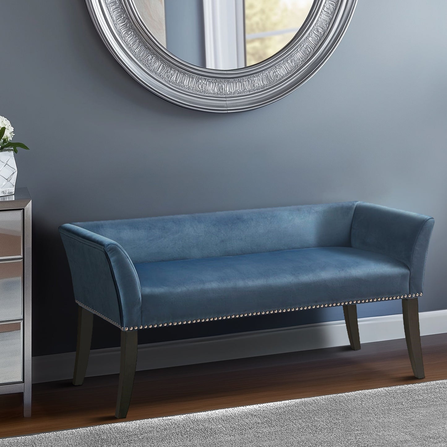 Madison Park Welburn 49.5 Upholstered Bench with Back & Wood Legs