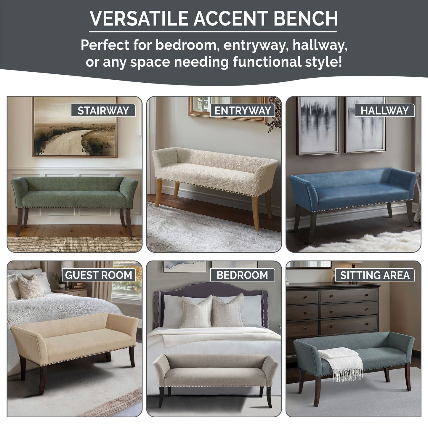 Madison Park Welburn 49.5 Upholstered Bench with Back & Wood Legs