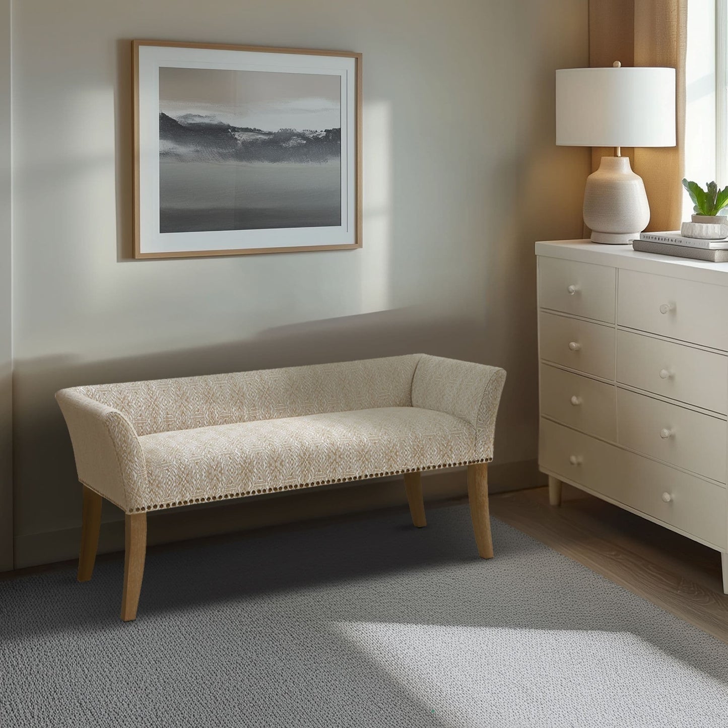 Madison Park Welburn 49.5 Upholstered Bench with Back & Wood Legs