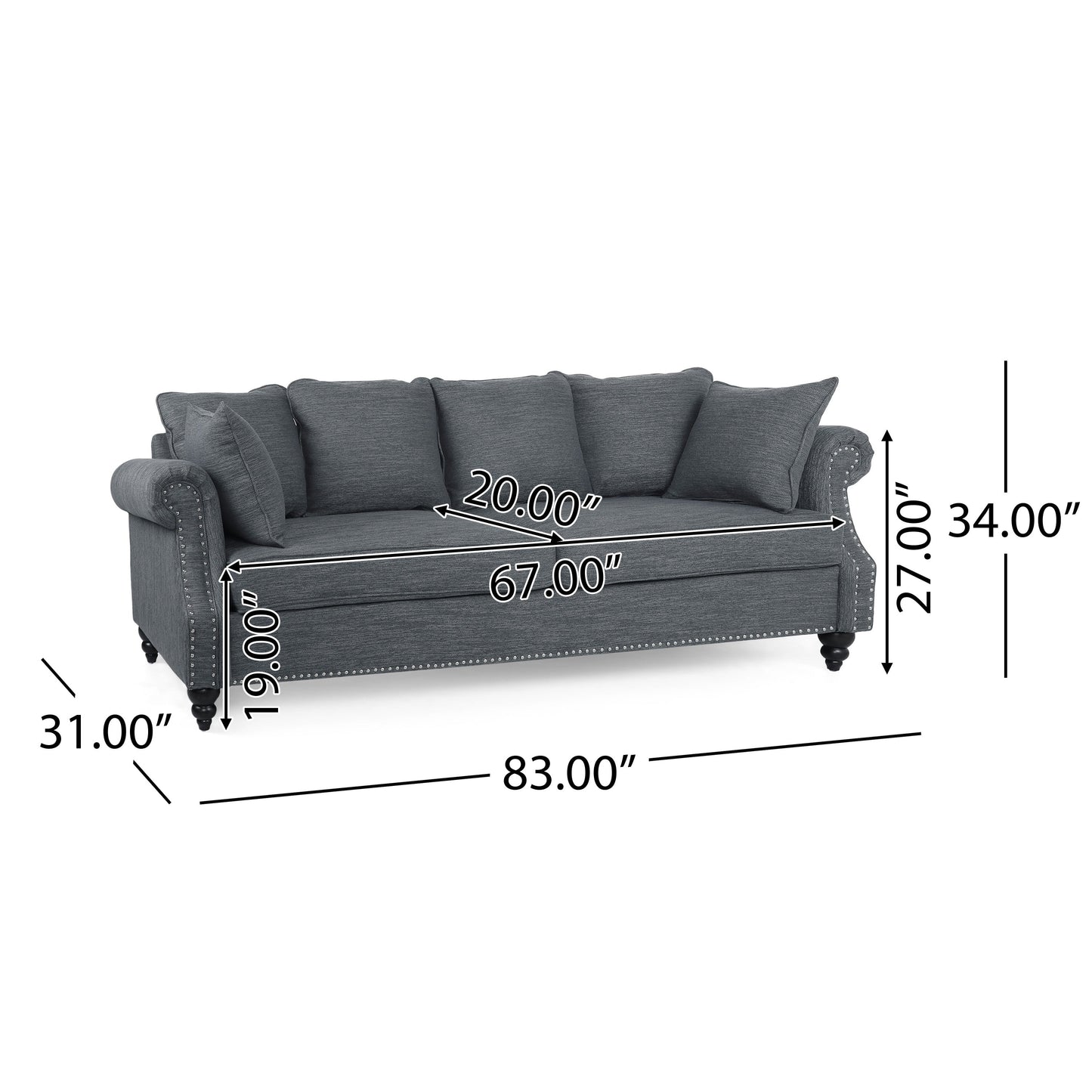 Manbow Fabric Pillowback 3 Seater Sofa with Nailhead Trim by Christopher Knight Home