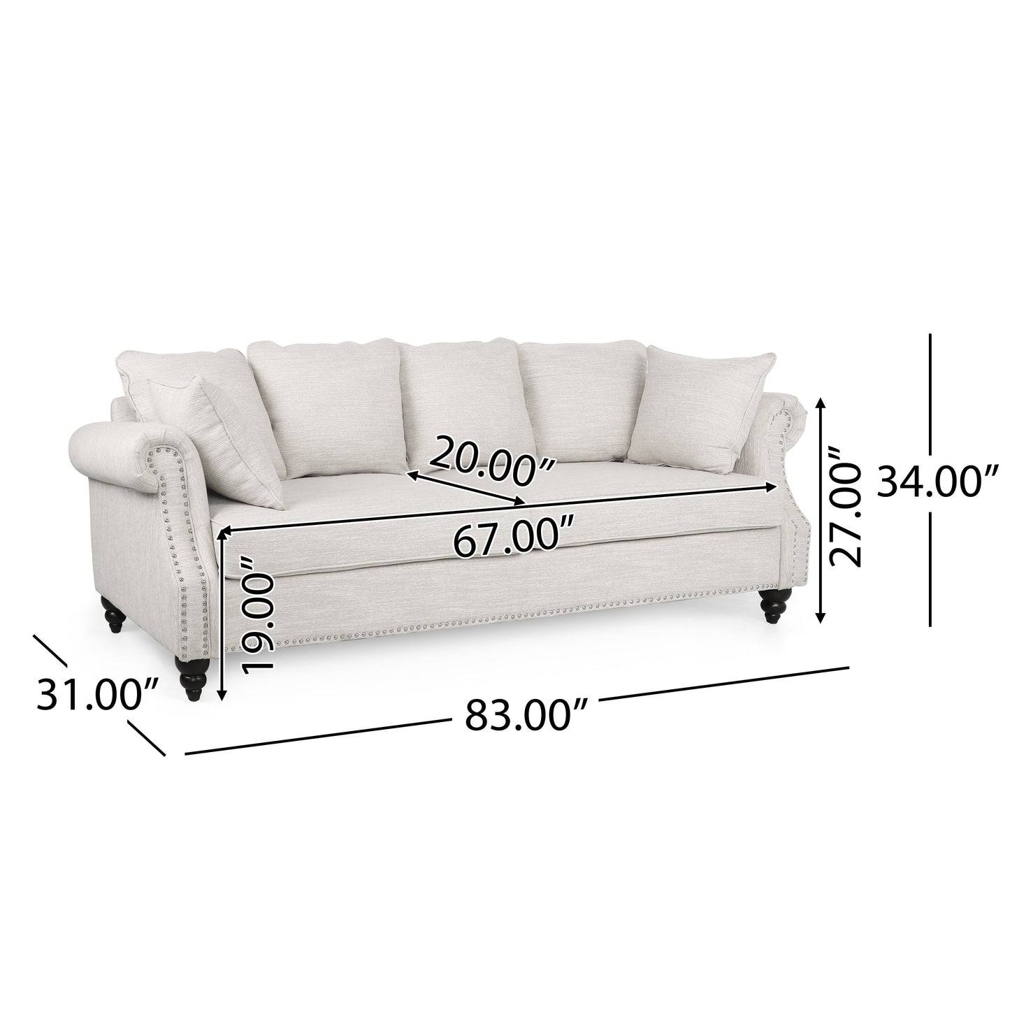 Manbow Fabric Pillowback 3 Seater Sofa with Nailhead Trim by Christopher Knight Home