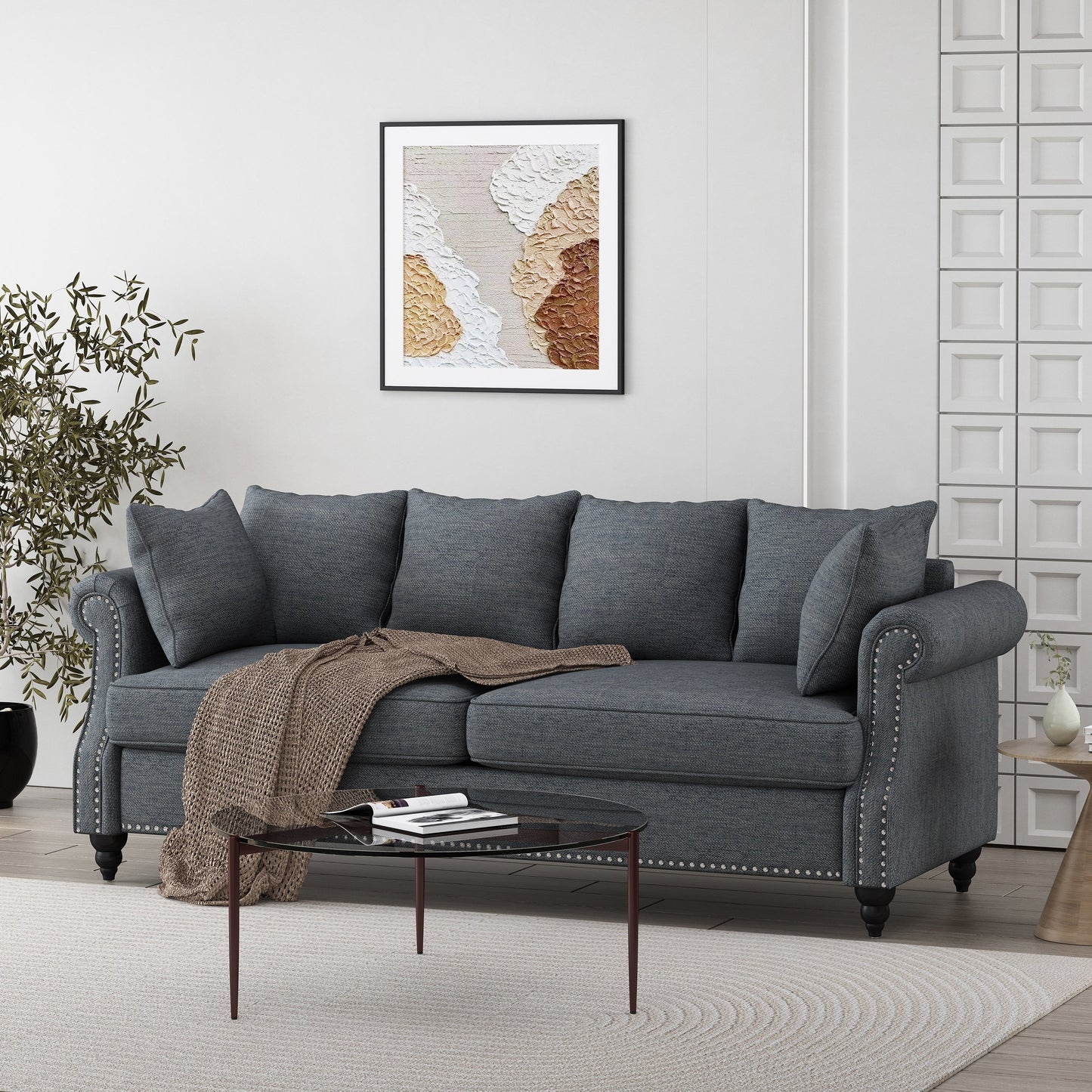 Manbow Fabric Pillowback 3 Seater Sofa with Nailhead Trim by Christopher Knight Home