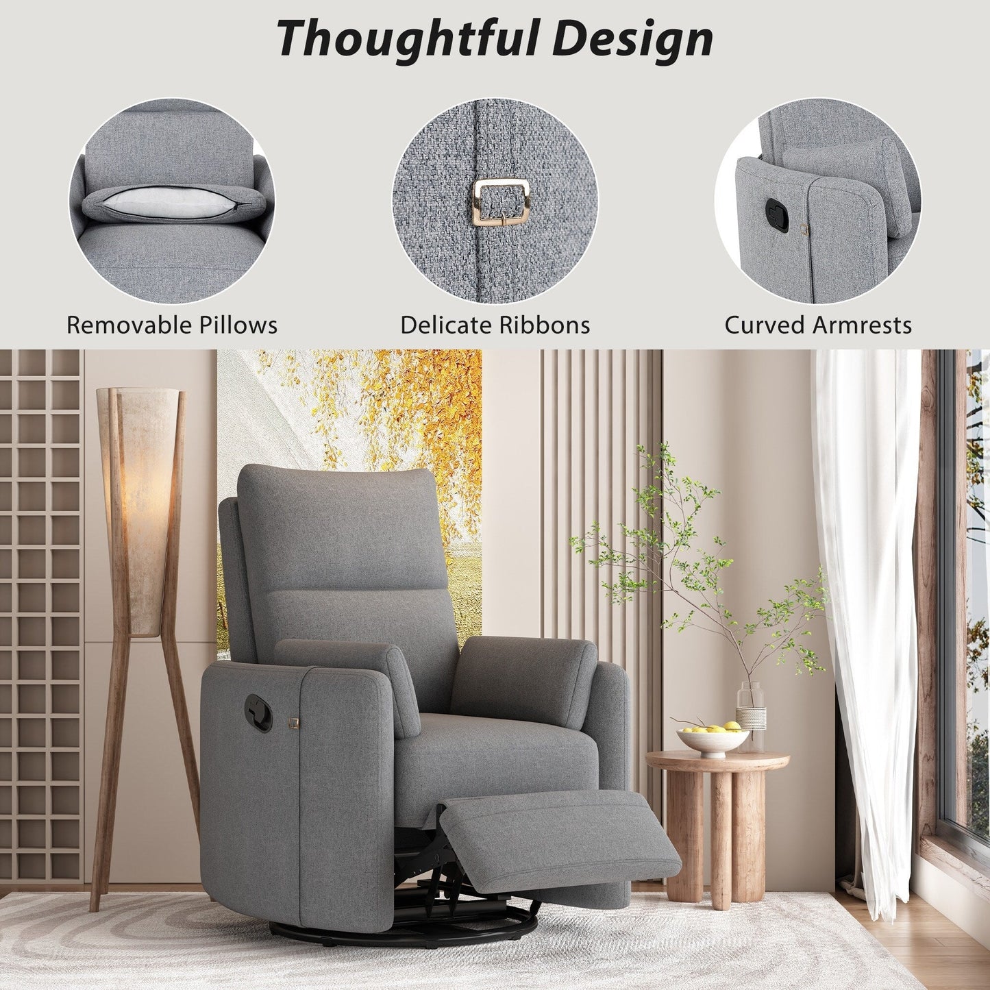 Manual Swivel Recliner with Rocking Motion, 2 Removable Pillows, Linen Upholstered and Curved Armrests for Living Room Nursery