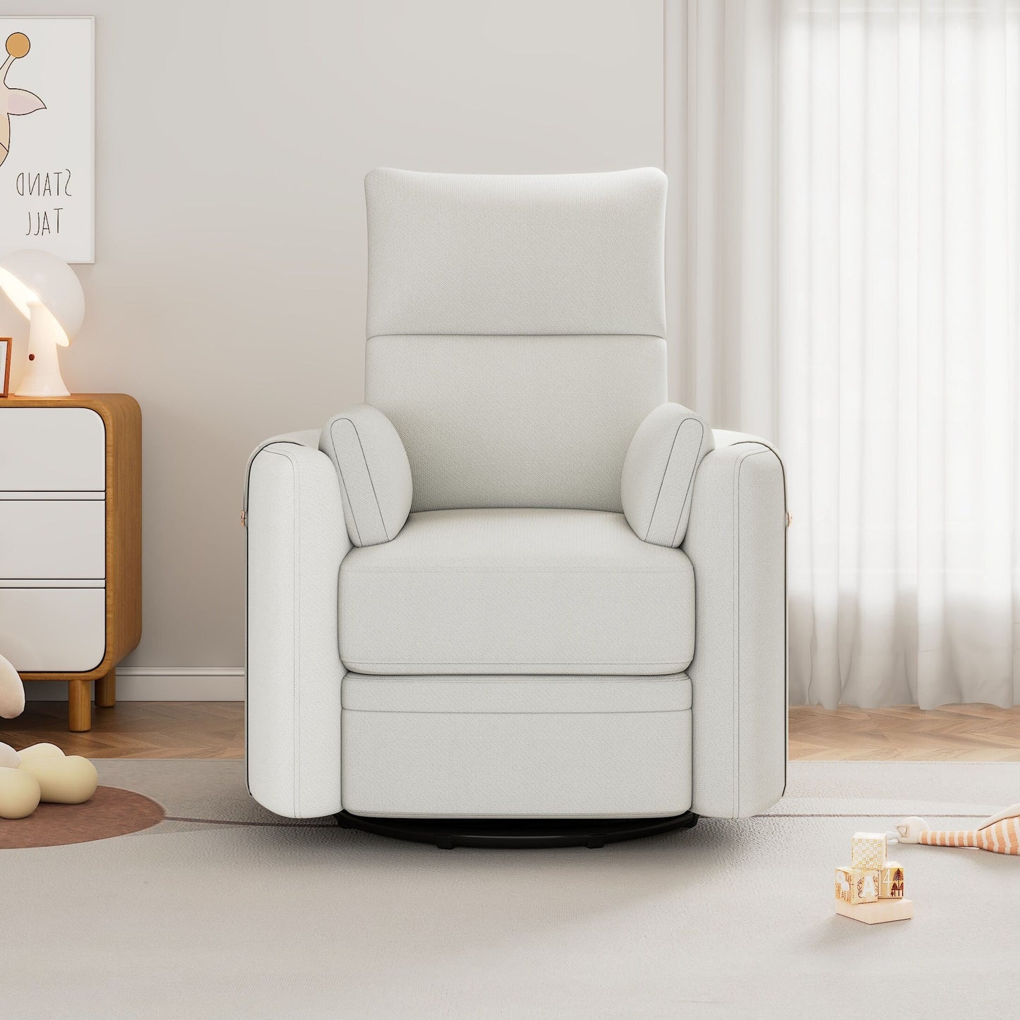 Manual Swivel Recliner with Rocking Motion, 2 Removable Pillows, Linen Upholstered and Curved Armrests for Living Room Nursery