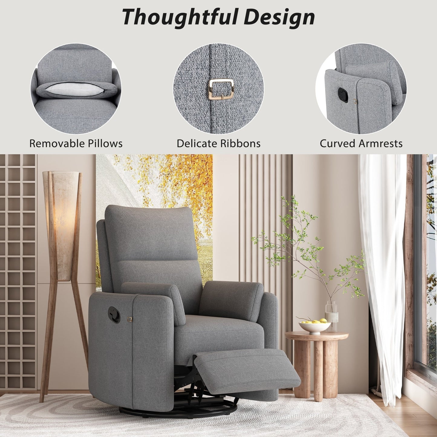 Manual Upholstered Swivel Rocker Recliner with 360° Rotation, Adjustable Backrest, and Removable Support Pillows
