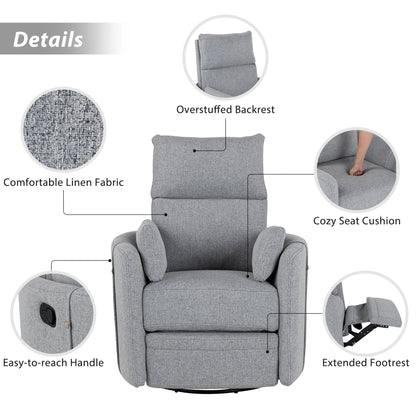 Manual Upholstered Swivel Rocker Recliner with 360° Rotation, Adjustable Backrest, and Removable Support Pillows