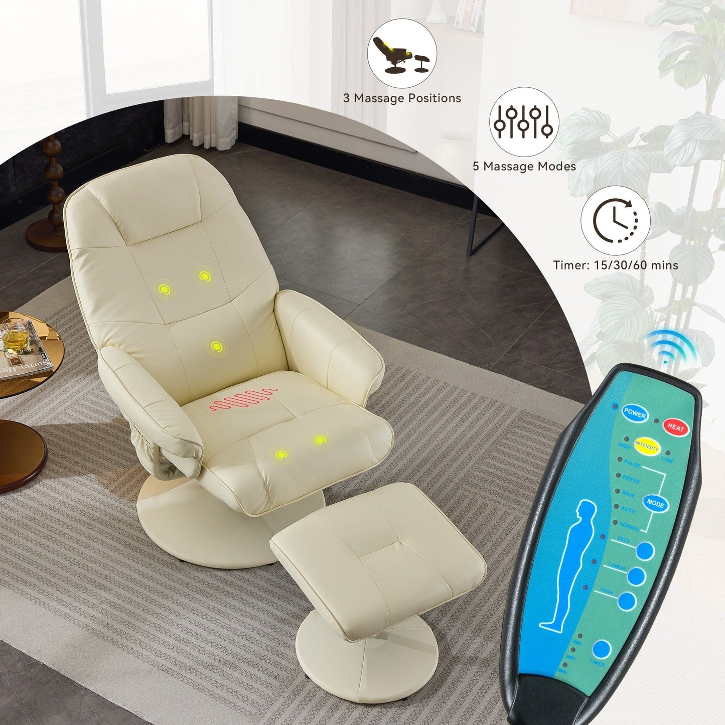 Massage Recliner Chair with Ottoman, 360° Swivel PU Leather Reclining Chair with Wrapped Base, 5 Point Vibration Massag