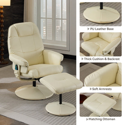 Massage Recliner Chair with Ottoman, 360° Swivel PU Leather Reclining Chair with Wrapped Base, 5 Point Vibration Massag