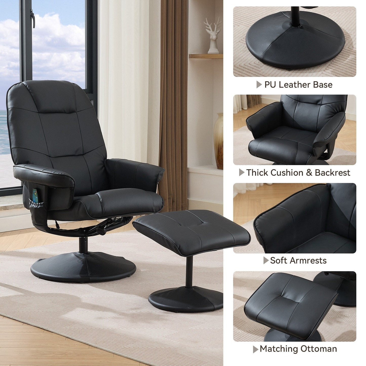 Massage Recliner Chair with Ottoman, 360° Swivel Reclining Chair with Wrapped Base, Seat Heating and Adjustable Backrest
