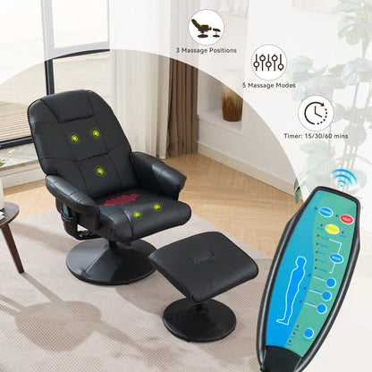 Massage Recliner Chair with Ottoman, 360° Swivel Reclining Chair with Wrapped Base, Seat Heating and Adjustable Backrest