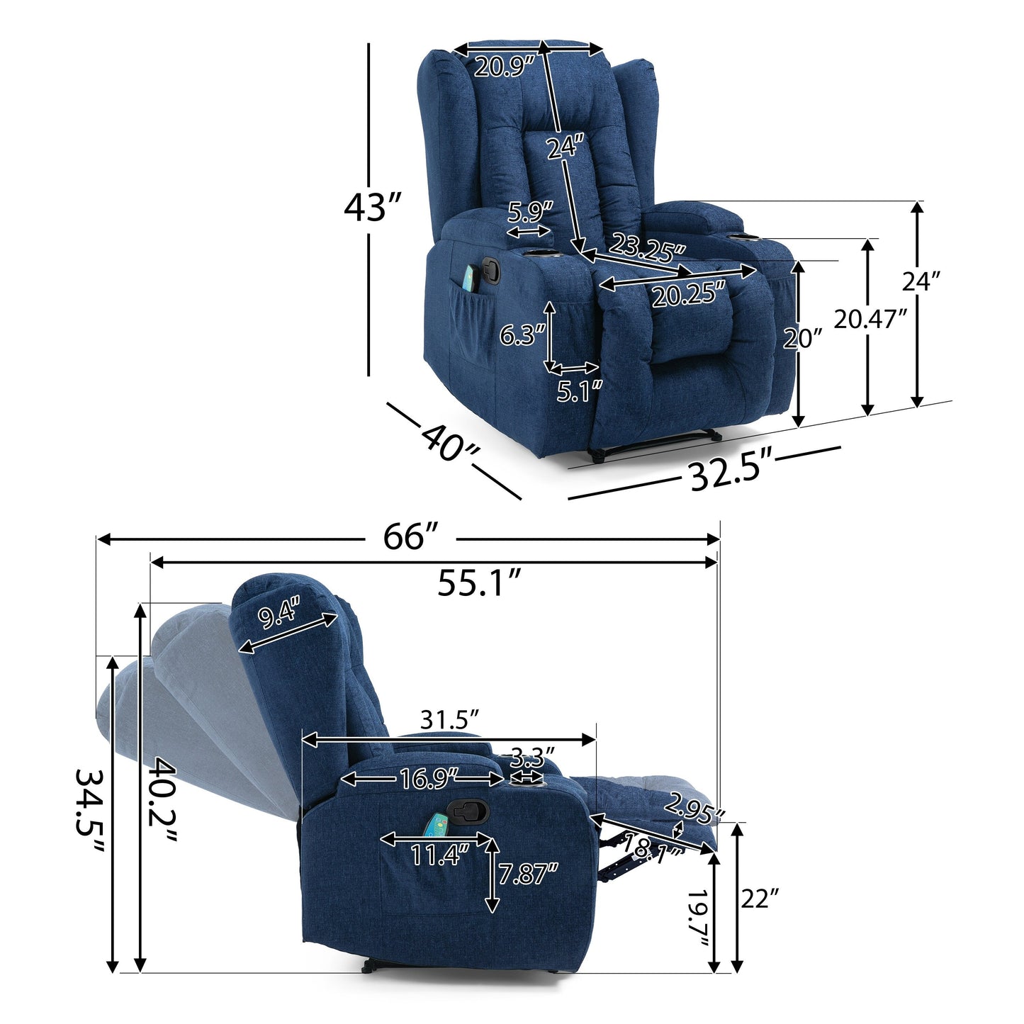 Massage Recliner with Heating, 5 Modes, Cup Holders, Remote Control, and Manual Reclining Feature