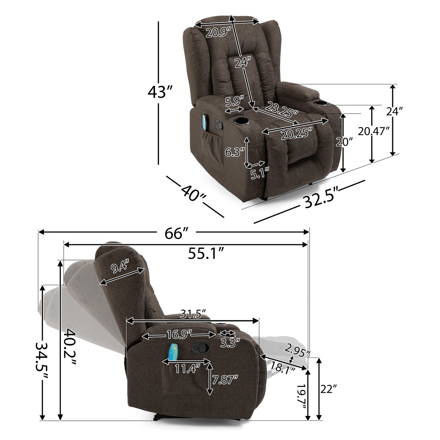 Massage Recliner with Heating, 5 Modes, Cup Holders, Remote Control, and Manual Reclining Feature