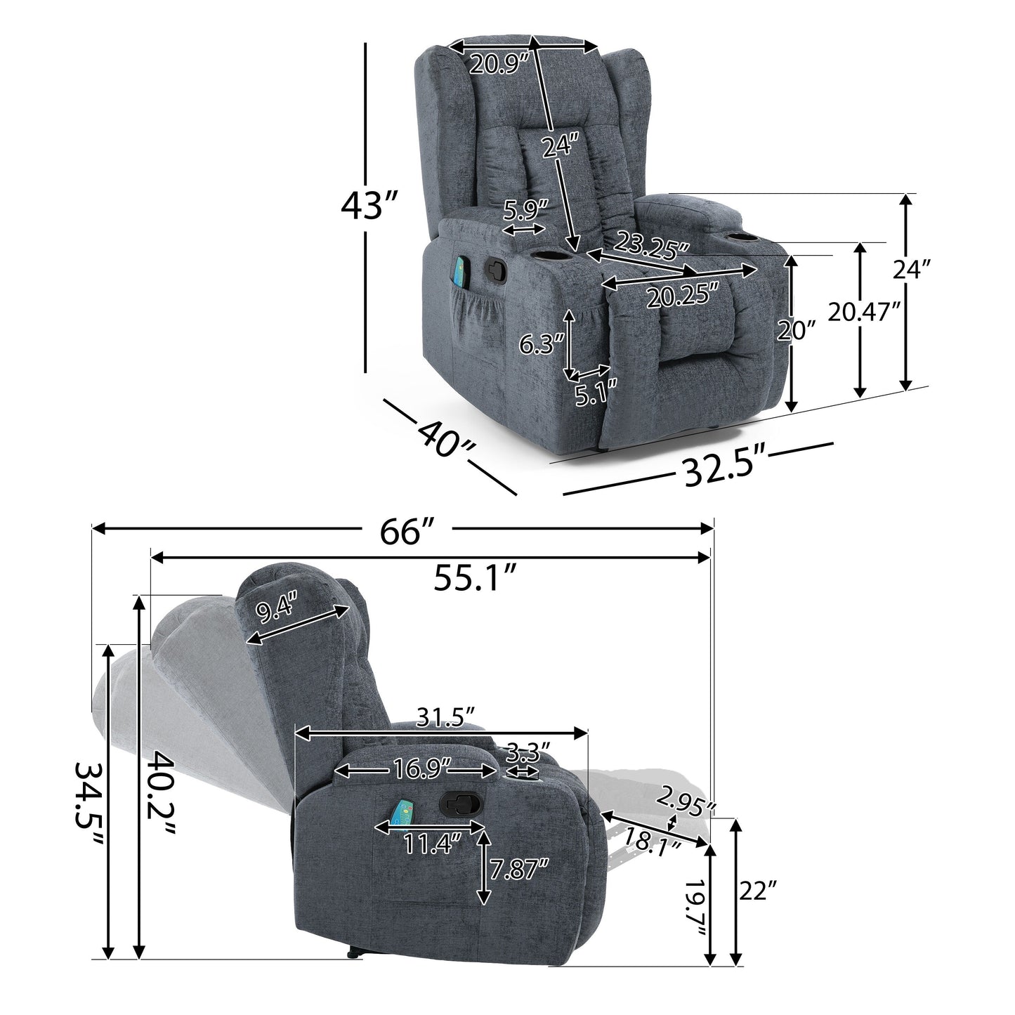 Massage Recliner with Heating, 5 Modes, Cup Holders, Remote Control, and Manual Reclining Feature