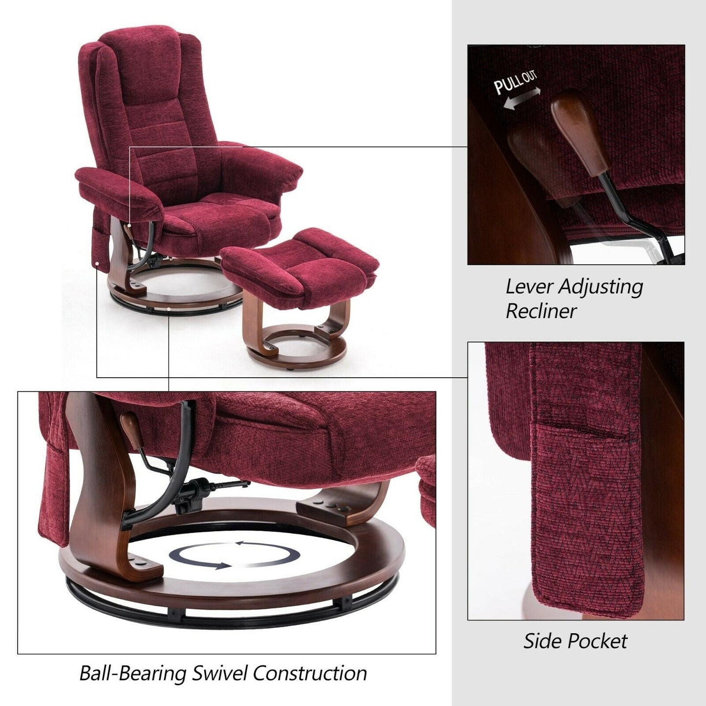 Mcombo Recliner Chair with Ottoman, Fabric Accent Chair with Vibration Massage, Swivel Chair with Wood Base, for Room 9099