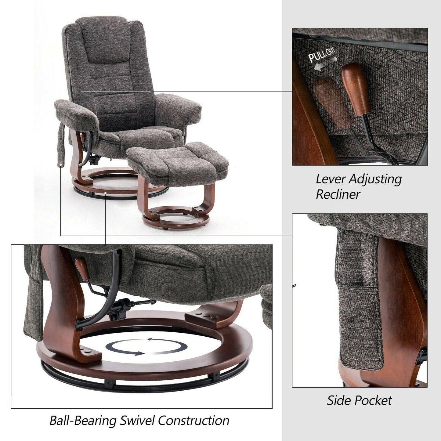 Mcombo Recliner Chair with Ottoman, Fabric Accent Chair with Vibration Massage, Swivel Chair with Wood Base, for Room 9099