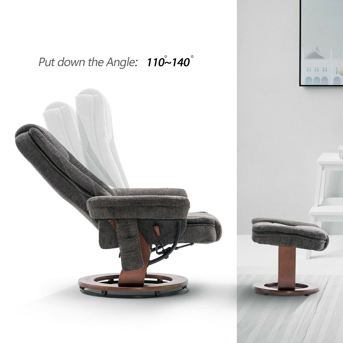 Mcombo Recliner Chair with Ottoman, Fabric Accent Chair with Vibration Massage, Swivel Chair with Wood Base, for Room 9099