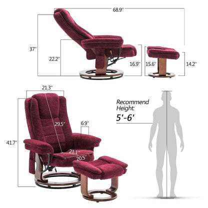 Mcombo Recliner Chair with Ottoman, Fabric Accent Chair with Vibration Massage, Swivel Chair with Wood Base, for Room 9099