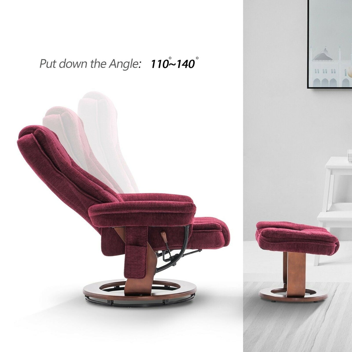 Mcombo Recliner Chair with Ottoman, Fabric Accent Chair with Vibration Massage, Swivel Chair with Wood Base, for Room 9099